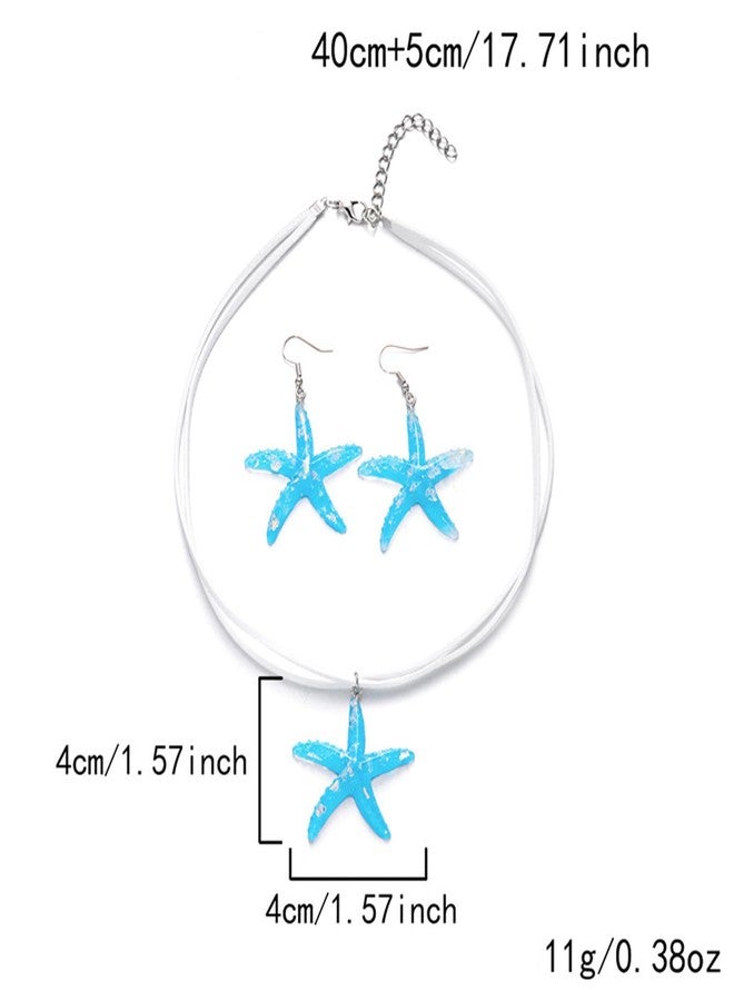WFik Summer White Rope Chain Starfish Pendant Necklace Earrings Sets Bikini Multi-layered Clavicle Chain Necklace Crystal Big Starfish Earrings for Women (Blue) - Image 3